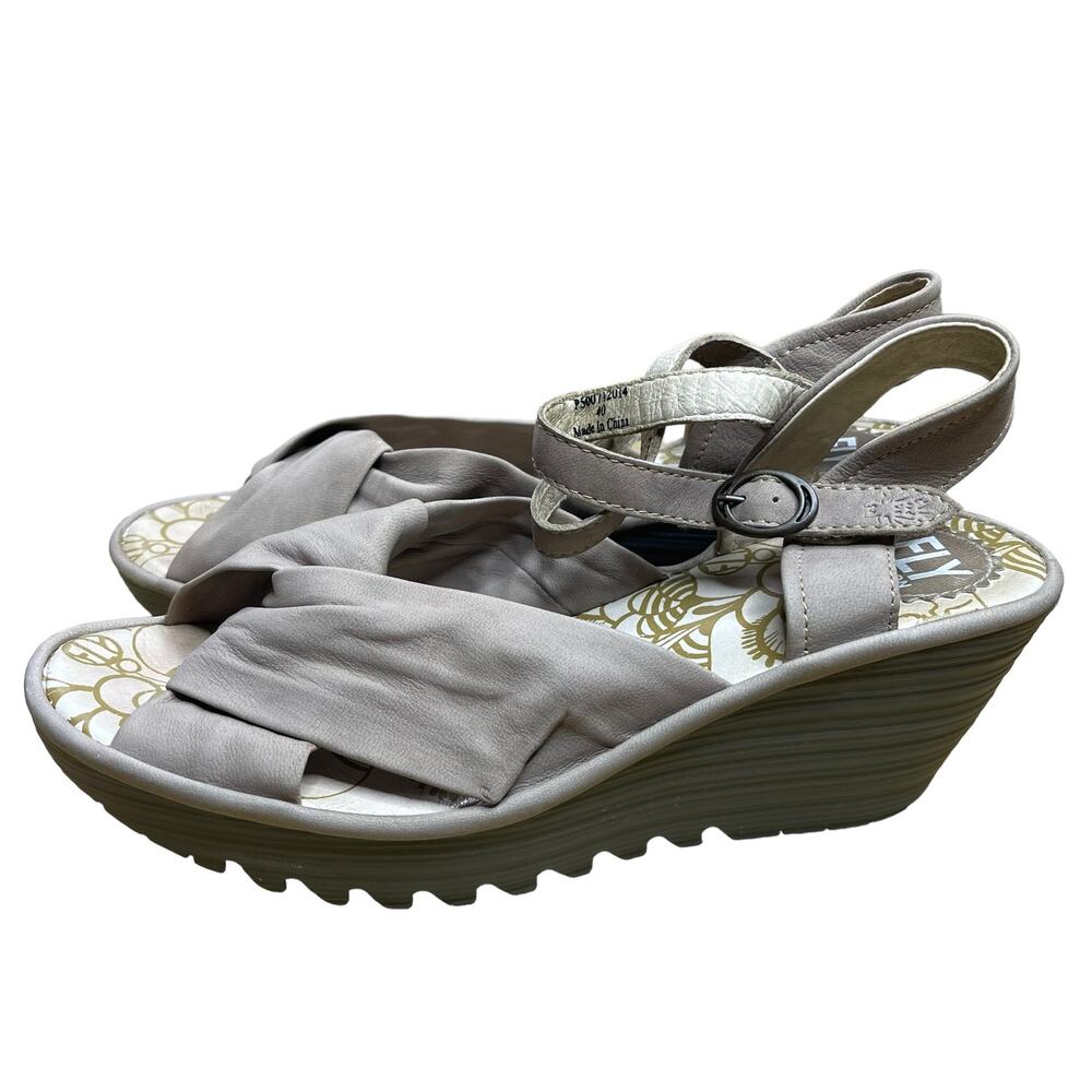 Fly London Wedge Sandals Womens 40 Beige Leather Slingback Knot Peep Toe Shoes